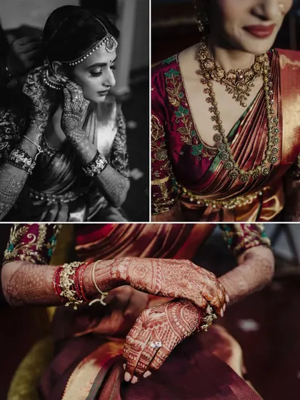 This collage showcases the bride's preparation and accessories. It includes a black and white shot of her putting on jewelry, and color close ups of her necklace and mehndi.