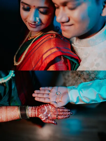 A creative collage combining a close-up of the couple with a detail shot of their hands and rings.