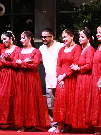 A proud moment with my talented troupe after a successful Janmashtami stage performance. Dressed in coordinated red outfits, the dancers delivered a beautiful semi-classical routine that I choreographed for the festival.