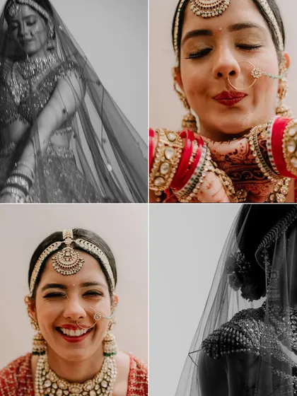 A four-part collage capturing the bride's many moods: pensive, playful, joyful, and elegant. This format tells a dynamic story of her personality.