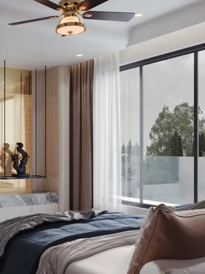 A close-up perspective from the bed, focusing on the view outside and the delicate, suspended bedside shelf. This shot is about evoking the feeling of waking up in a luxurious, light-filled space.