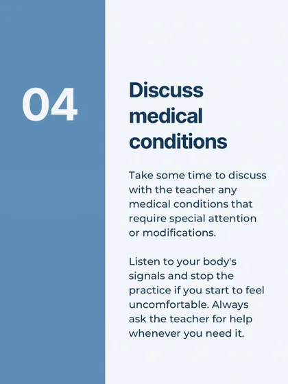 Five rules for new yoga students: bring a mat, wear comfy clothes, keep phones silent, discuss medical conditions, and leave your ego at the door.
