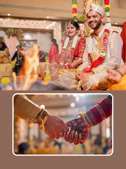 A collage capturing the couple's shared moments of joy and the holding of hands, symbolizing their new journey together.