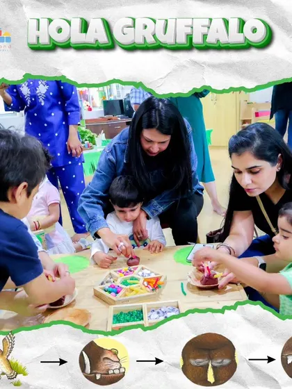 Creating the characters from 'The Gruffalo' is a great hands-on activity. Here, parents help their children decorate their own owl, fox, and snake figures, extending the story through art.
