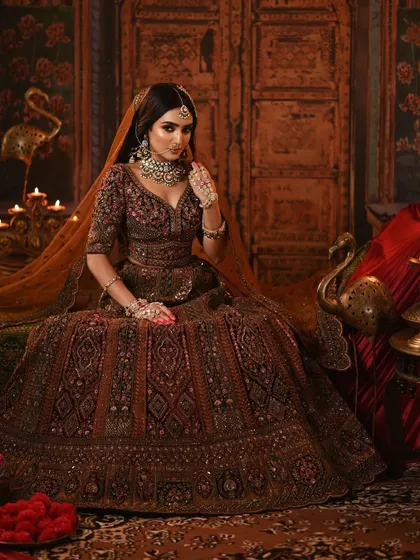 A slightly different angle, showing the beautiful drape of the dupatta and the intricate details of the lehenga.