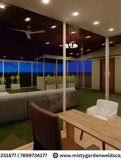 A night view of the 3D terrace design, illustrating how integrated lighting creates a warm and inviting ambiance for evening use.