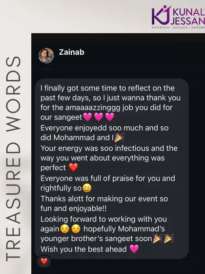 "Your energy was so infectious." This message from the bride is exactly what I aim for. I'm so glad I could make their Sangeet fun and enjoyable for everyone.