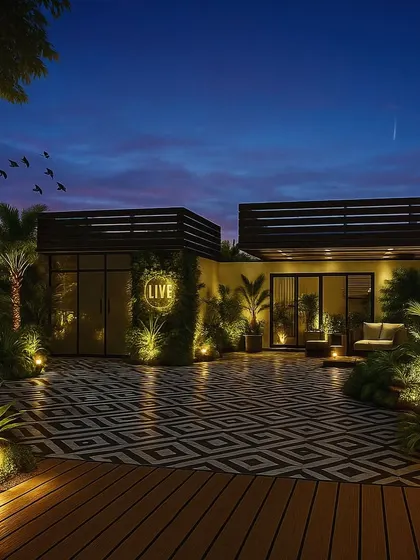 Another night view of the 3D concept, showing the bold geometric flooring and a "LIVE" sign, creating a perfect space for entertainment.