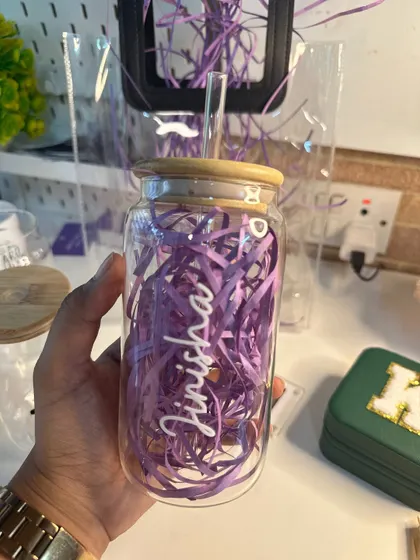 The personalized sipper shown in my studio, ready to be packed into a gift hamper.