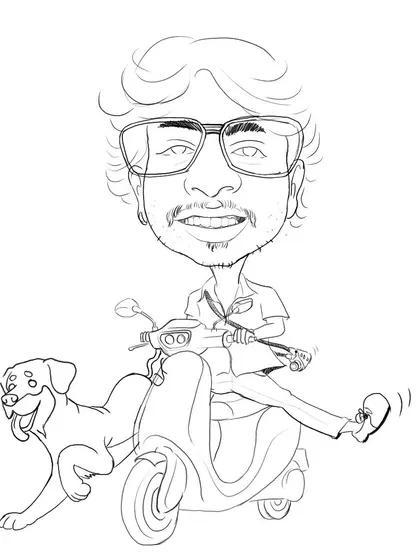 The initial line art for a caricature commission. This black and white sketch forms the foundation of the final colored piece, capturing the subject and his dog in a playful moment.