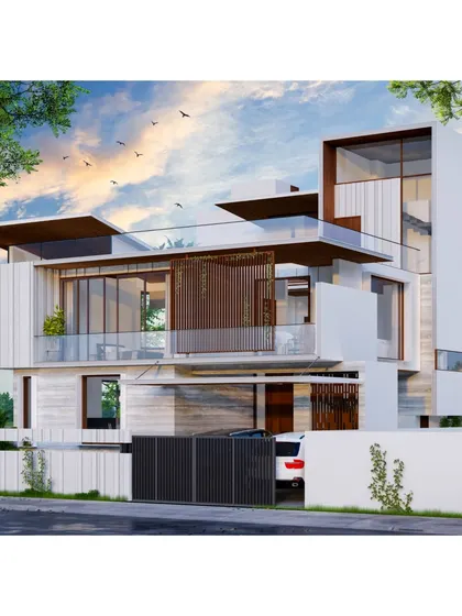 A different perspective of Mr. Vinod's residence, showcasing the interplay of cantilevered roofs and balconies that create a dynamic and visually interesting form.