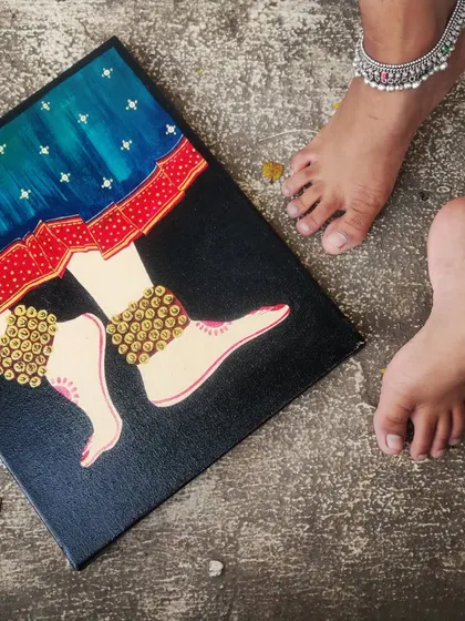 This painting of a dancer's feet adorned with ghungroos (ankle bells) is part of a series of seven canvases I created for a friend's new home. It celebrates the beauty of Indian classical dance and culture.