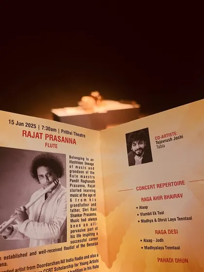 The concert repertoire for the morning performance at Prithvi Theatre with flautist Rajat Prasanna, featuring Raga Ahir Bhairav and Raga Desi.