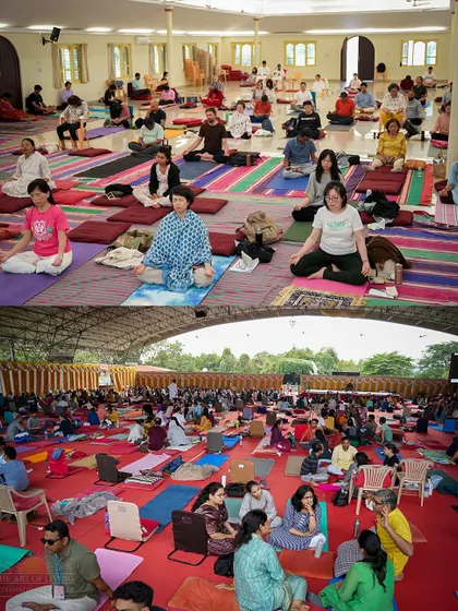 A collage showing various groups of people meditating during the Patanjali Yoga Sutras course. The program attracts a diverse audience, all united in their quest for deeper self-knowledge and tranquility.
