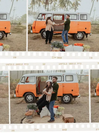 A collage showing the couple dancing and embracing outside the van, full of life and movement.