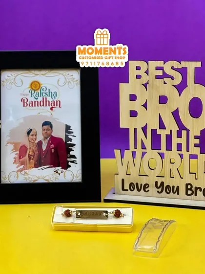 A simple and sweet Rakshabandhan combo with a 'Best Bro' tabletop, a photo frame, and a personalized name rakhi.