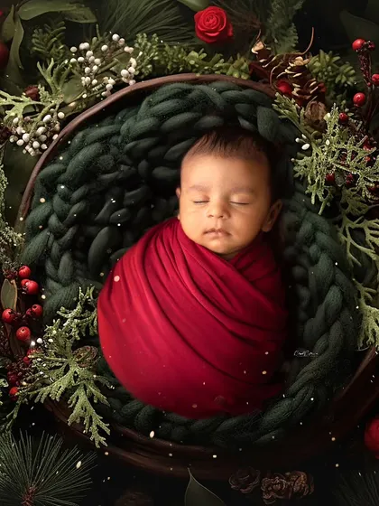A classic Christmas portrait with the baby nestled in a basket of festive greenery. The rich colors and soft lighting create a timeless holiday feel.