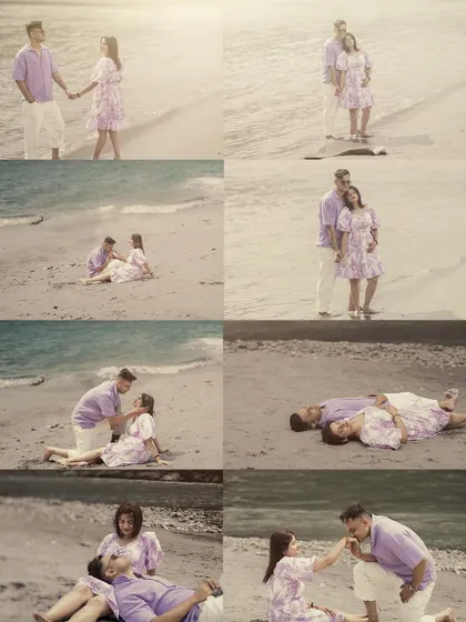 A multi-photo collage showcasing a full sequence of romantic interactions on a beach, telling a complete story in one image.