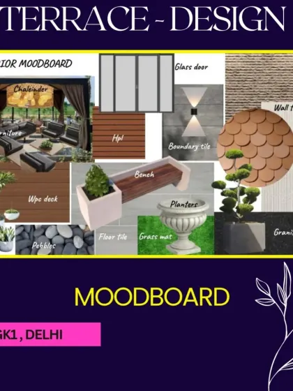 An exterior moodboard for our GK1 project. This is where we define the material palette, selecting everything from WPC decking and wall tiles to furniture styles, planters, and lighting fixtures to create a cohesive design vision.