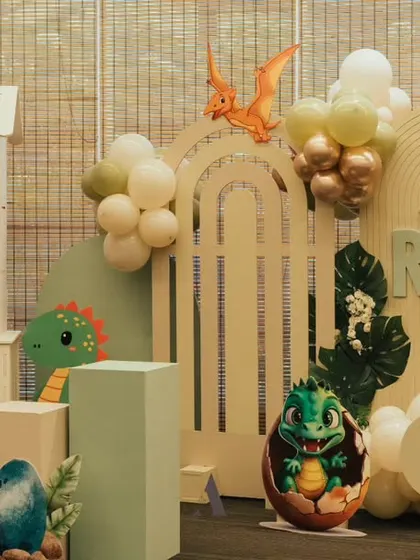 The full "3-Rex" dinosaur theme, a perfect setup for a toddler's birthday party. The friendly dinosaur characters and soft colors make it fun and approachable.