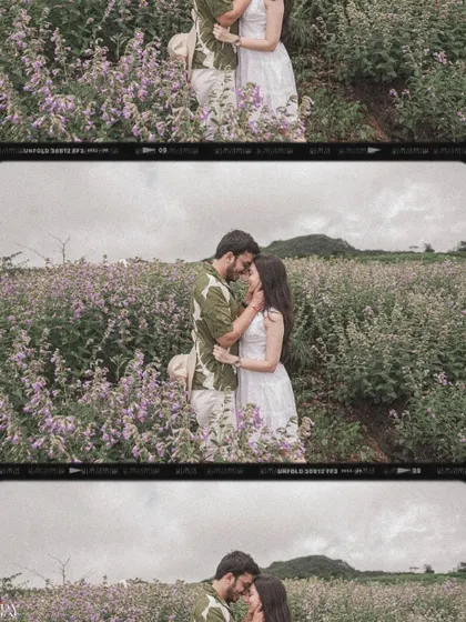 A collage of romantic moments in a field of purple flowers, with a vintage film aesthetic.
