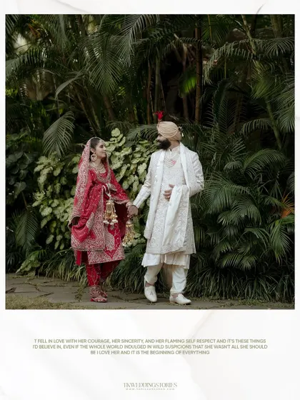 A full-length portrait of a Punjabi couple walking hand-in-hand against a backdrop of lush greenery, perfect for a wedding album cover.