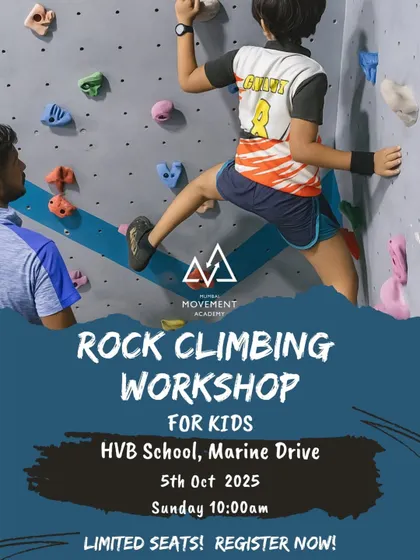 Calling all little adventurers. A poster for our kids' rock climbing workshop at HVB School, Marine Drive, where they can scale walls and conquer heights.