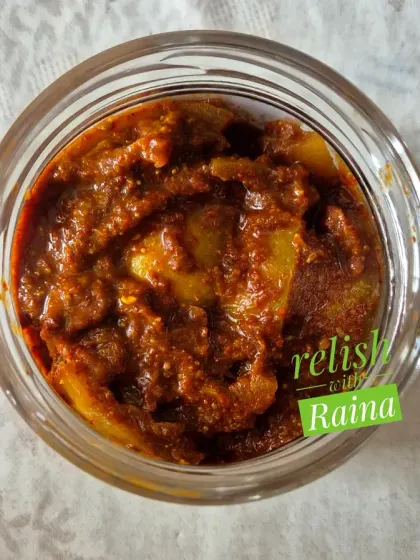 This is my Sour and Spicy Lemon Pickle, also made without any oil. It's a traditional recipe for those who love a purely tangy and medium-spicy flavour. I make this fresh batch using juicy lemons that I get during Mumbai's cooler months.