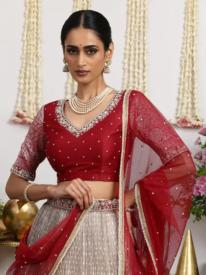 Another close-up of the maroon blouse, highlighting the delicate embroidery and the luxurious feel of the fabric.