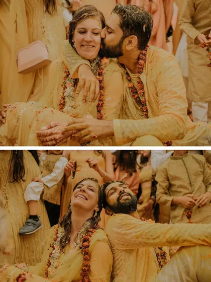 A diptych of love amidst the Haldi chaos. It shows the groom giving his bride a sweet kiss, and the two of them leaning on each other, tired but happy.