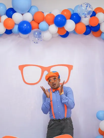 A Blippi-themed photo booth adds to the fun of a character party. We can customize decorations and setups to match any theme.