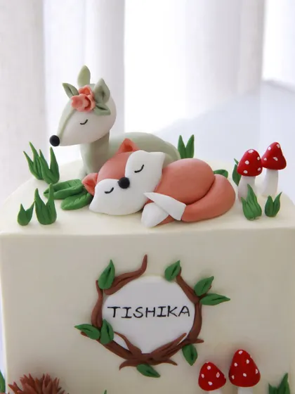 A close-up of the adorable, handcrafted woodland animal toppers on Tishika's half birthday cake.