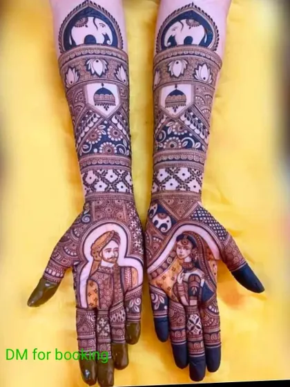 A classic portrait design with the bride and groom on opposite palms, set against a backdrop of traditional patterns.