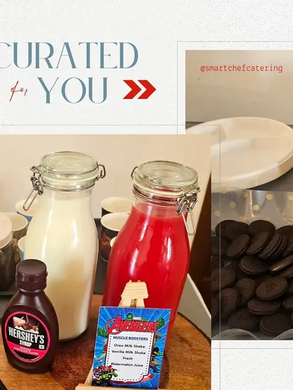 Curated just for you. This image highlights the drink station from an Avengers-themed party, featuring Oreo milkshakes and fresh watermelon juice, complete with themed cups.