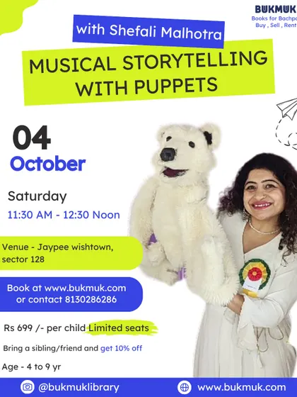 This is what my musical storytelling sessions look like. I combine stories with puppets, like my popular polar bear, to create an interactive and fun experience for children aged 4 to 9. These events are held in small groups to ensure every child gets to participate.