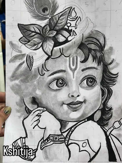 Kshitija's work-in-progress sketch of Krishna, using the grid method to ensure accurate proportions.