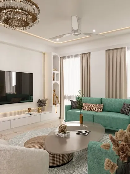 A full view of the modern luxe living room render, showcasing the refreshing color palette, geometric paneling, and the fluted TV wall backdrop.