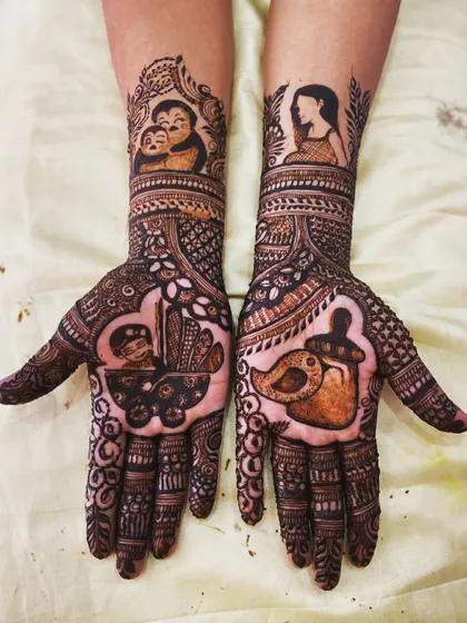 A playful and charming baby shower henna design. This artwork includes a variety of cute motifs like a baby in a stroller, a feeding bottle, a rubber duck, and a mother and child portrait.