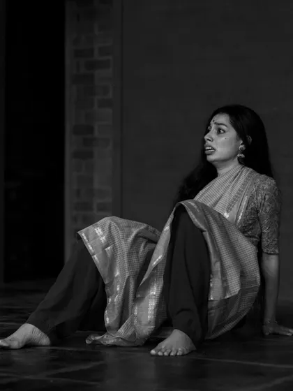 A different pose from the 'Bhaya' rasa exploration, focusing on the physical posture of fear and helplessness.