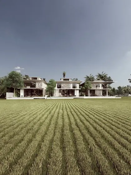 The Pavilion homes are proposed as perforated structures placed in the middle of an infinite landscape. This view from the paddy fields emphasizes their horizontal forms and their transparent connection to the outdoors.