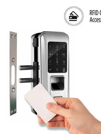Using an RFID card to unlock the OZ-FGL-LIFE-G2W glass door lock. This provides a quick, contactless way to gain access, ideal for both residential and commercial settings.