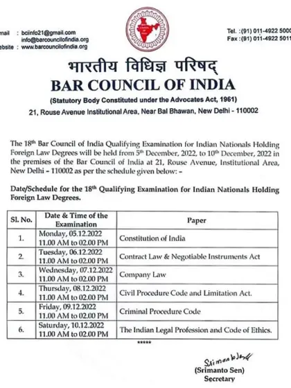 This is an official notice from the Bar Council of India detailing the schedule for the 18th qualifying examination for Indian nationals with foreign law degrees. It covers key papers like Constitution of India, CrPC, and Contract Law.