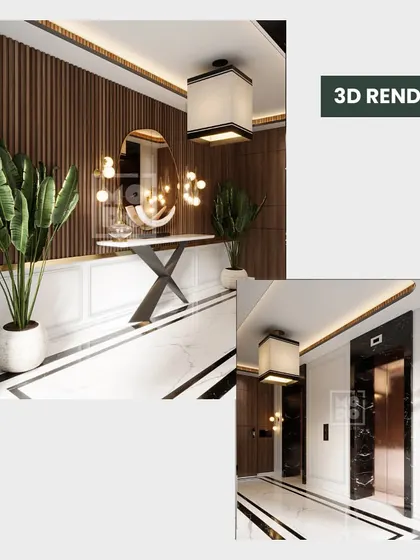 Our 3D rendering for the Santacruz lobby project. This visualization showcases the planned material palette, including wood-panelled walls, marble flooring with black inlay, and specific lighting fixtures, giving the client a clear and accurate preview of the final space.