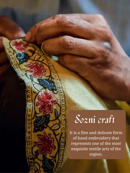 Sozni craft is a fine and delicate form of hand embroidery from Kashmir. We incorporate this exquisite textile art into our decor and furnishings to add a touch of delicate, handmade luxury.