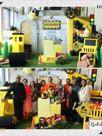 A duplicate of image 240, showing the family photo at the construction-themed party.