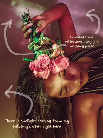Here you can see how I used sunlight from my balcony door as a key light and a piece of gift wrapping paper to create colorful reflections for my self-portraits. You don't always need fancy equipment to be creative.