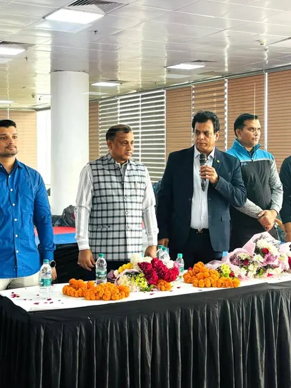 Addressing the officials and participants during the SGFI Delhi State selection trials.