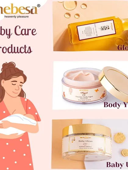 My range of baby care products offers complete nourishment. This includes the Glow Oil, a rich Body Yogurt, and the traditional Baby Ubtan, all formulated with the best natural ingredients like coconut oil, shea butter, and Kashmiri Mamra almonds.