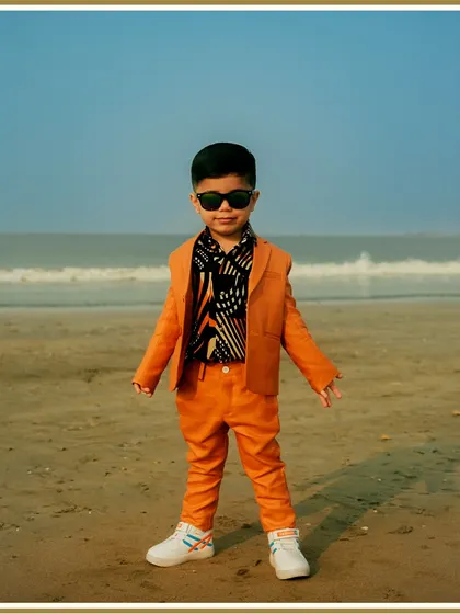 A moment of pure style. This little gentleman is ready for his party in a custom-made orange suit, showcasing a perfect fit that allows him to be comfortable and confident.