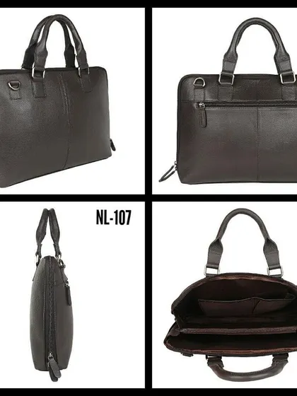 A multi-angle view of our slim leather laptop briefcase, model NL-107. Crafted in a deep brown, it features sturdy handles, a detachable shoulder strap, and organized interior pockets for documents and devices, designed for corporate environments.